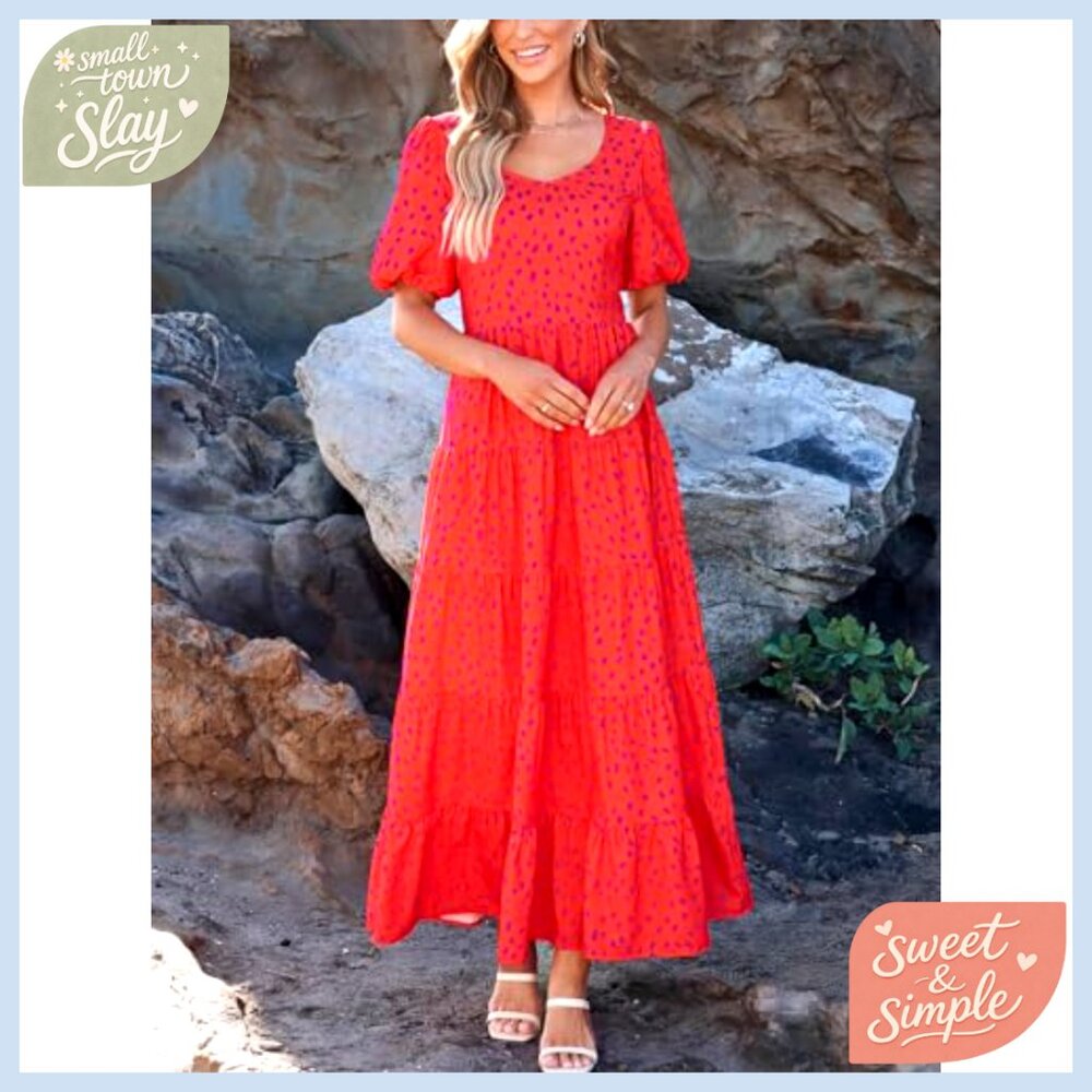 Puff Sleeve Tiered Maxi Dress Flowy Wedding Guest Maternity - Picture 4 of 7
